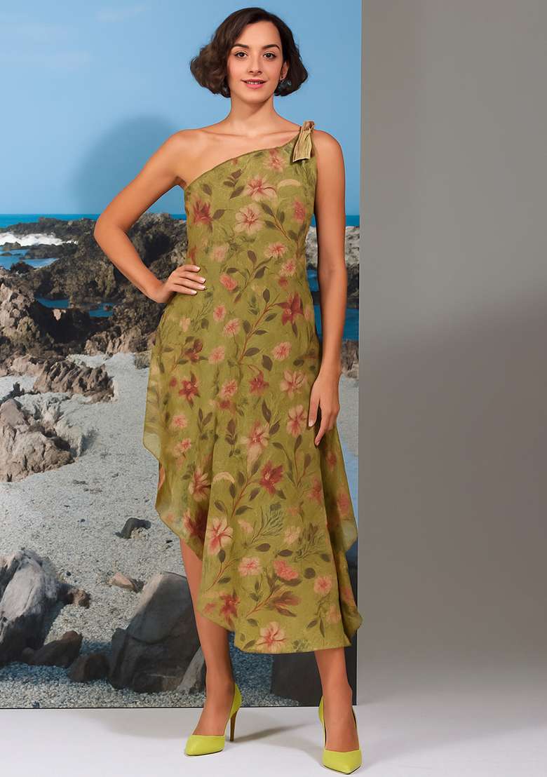 Green Cotton Linen Floral Printed Dress - Indya