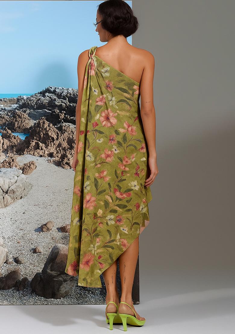 Green Cotton Linen Floral Printed Dress - Indya