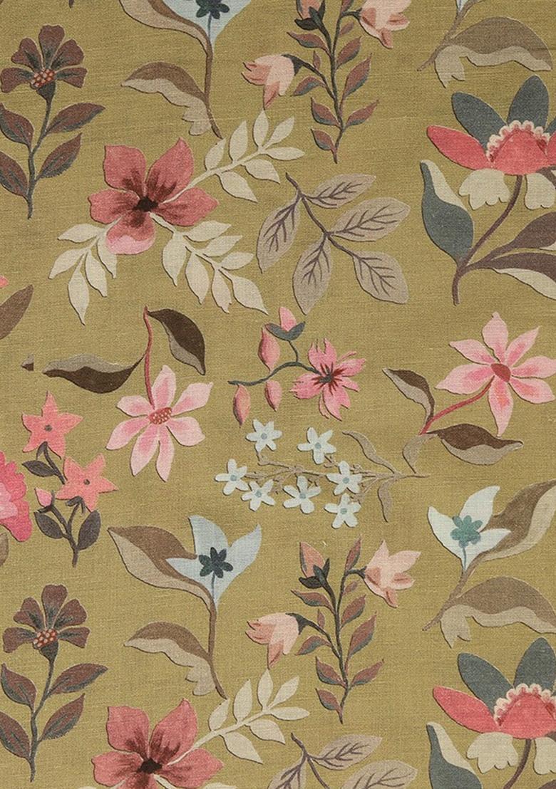 Green Cotton Linen Floral Printed Dress - Indya