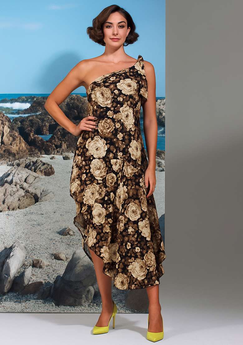Black Cotton Linen Floral Printed Dress - Indya