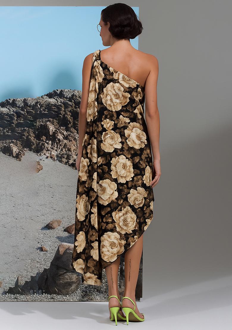 Black Cotton Linen Floral Printed Dress - Indya