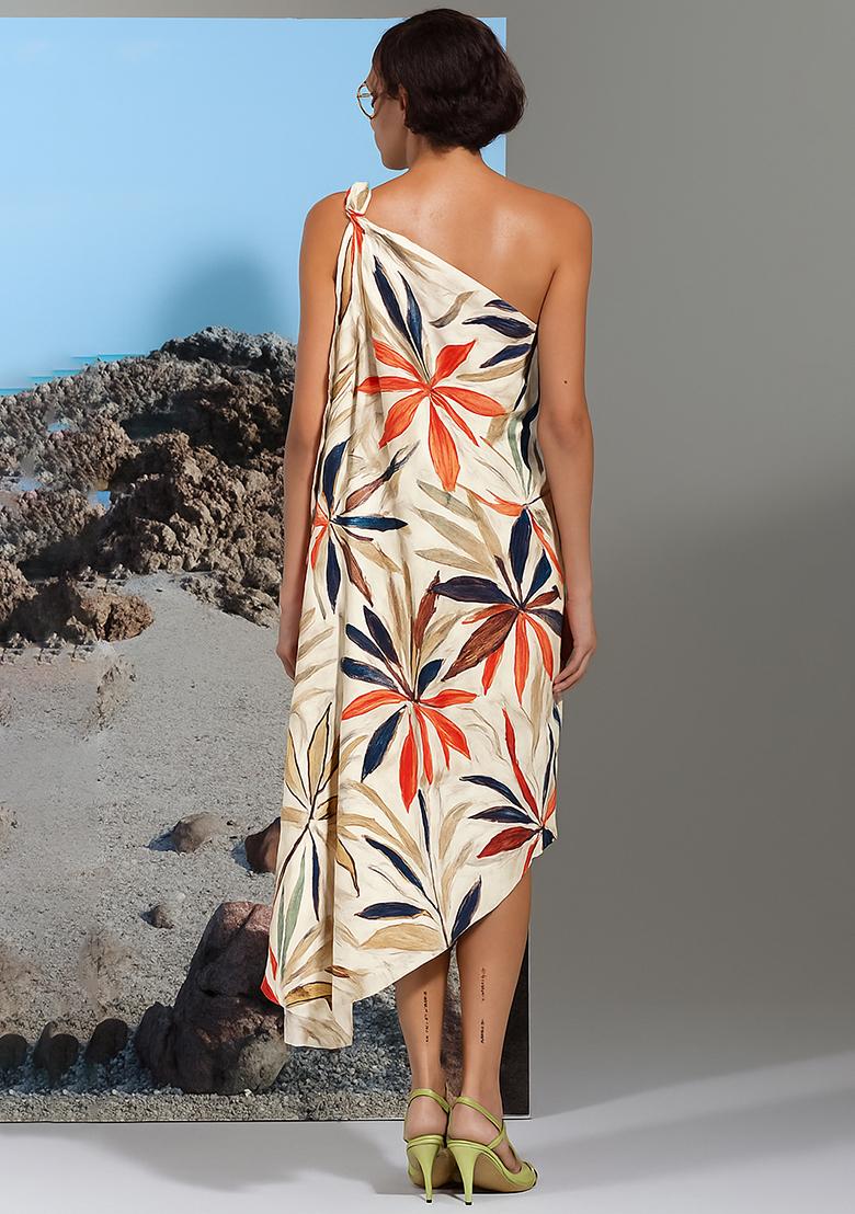 Off White Cotton Linen Floral Printed Dress - Indya