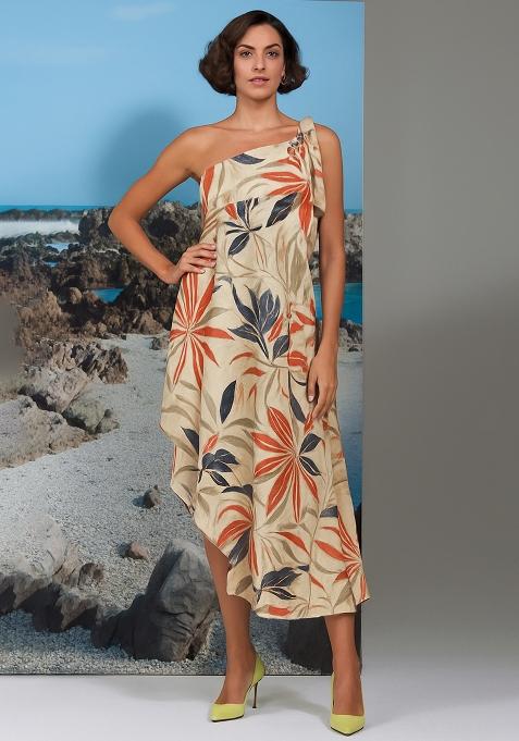 Off White Cotton Linen Floral Printed Dress