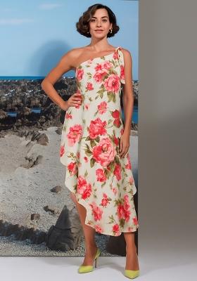 White Cotton Linen Floral Printed Dress