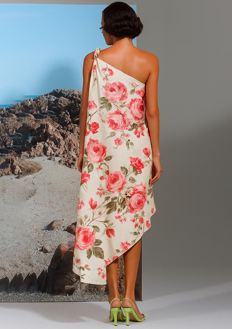 White Cotton Linen Floral Printed Dress