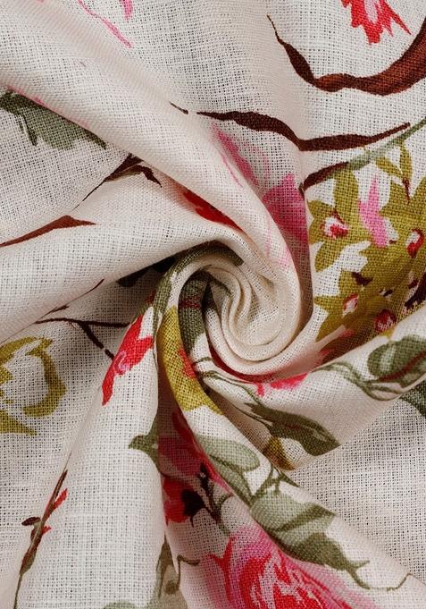 White Cotton Linen Floral Printed Dress