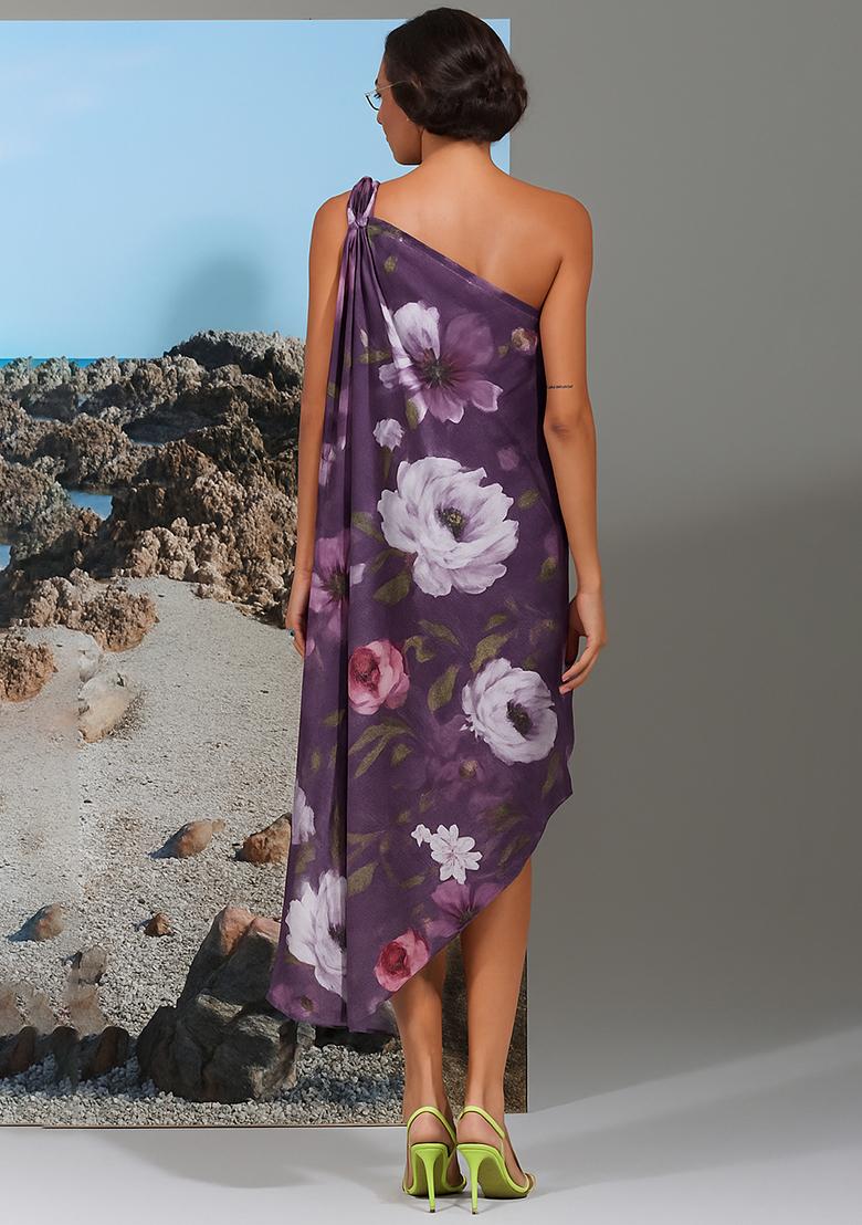 Purple Cotton Linen Floral Printed Dress