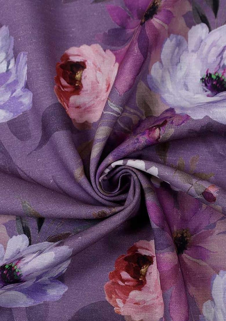 Purple Cotton Linen Floral Printed Dress