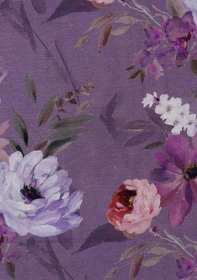 Purple Cotton Linen Floral Printed Dress