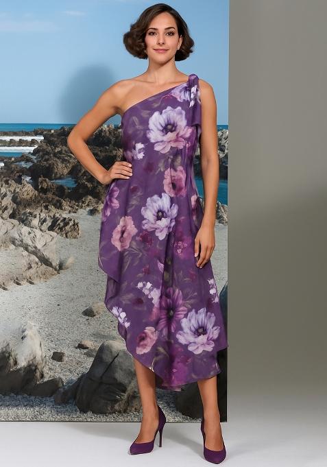 Purple Cotton Linen Floral Printed Dress