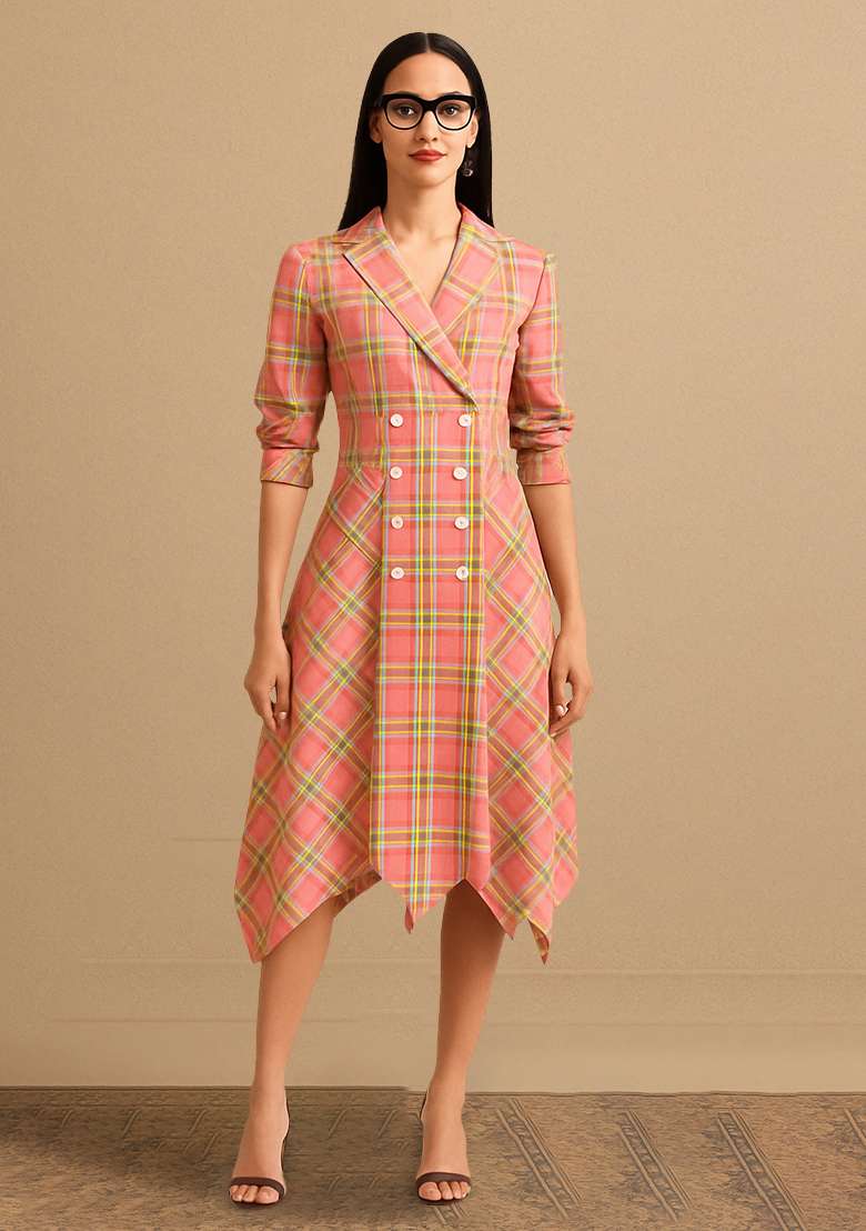 Peach Cotton Checked Dress - Indya