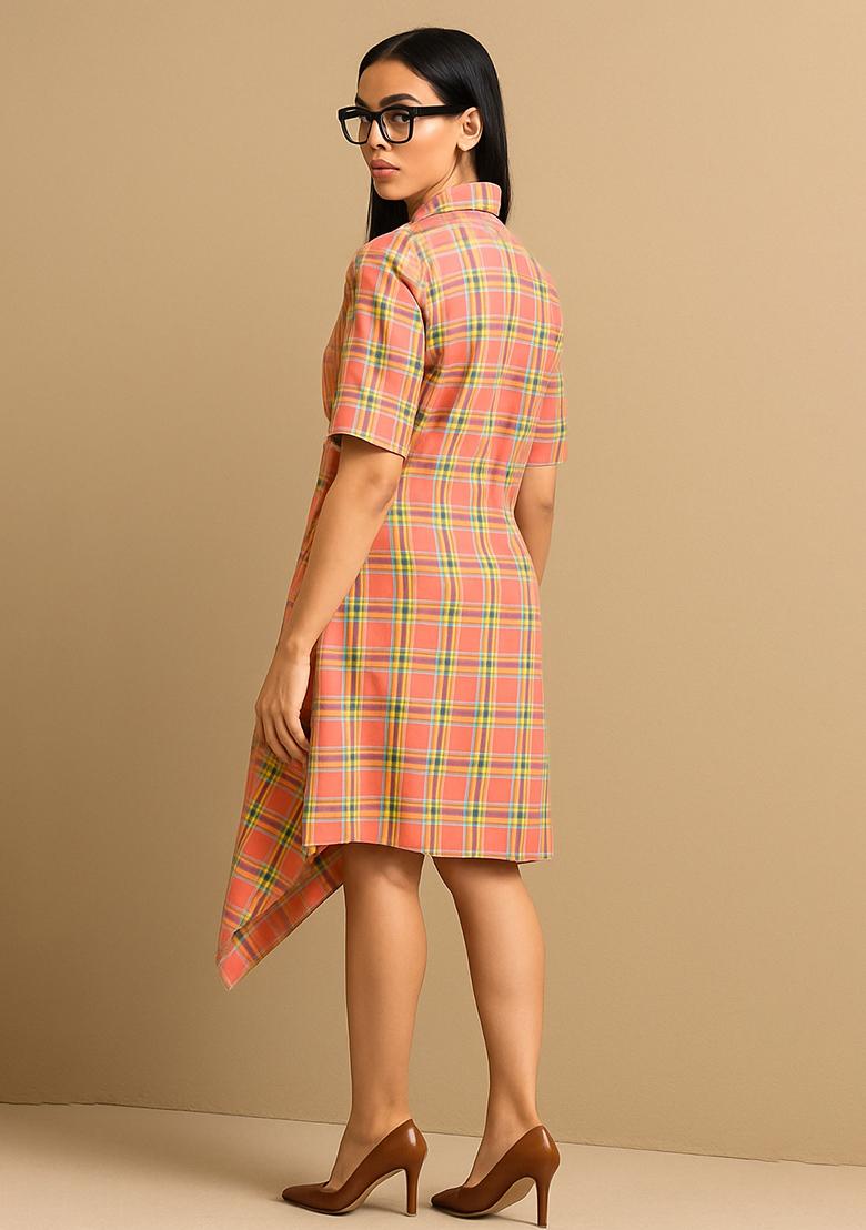 Peach Cotton Checked Dress - Indya