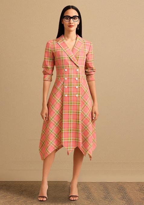 Peach Cotton Checked Dress