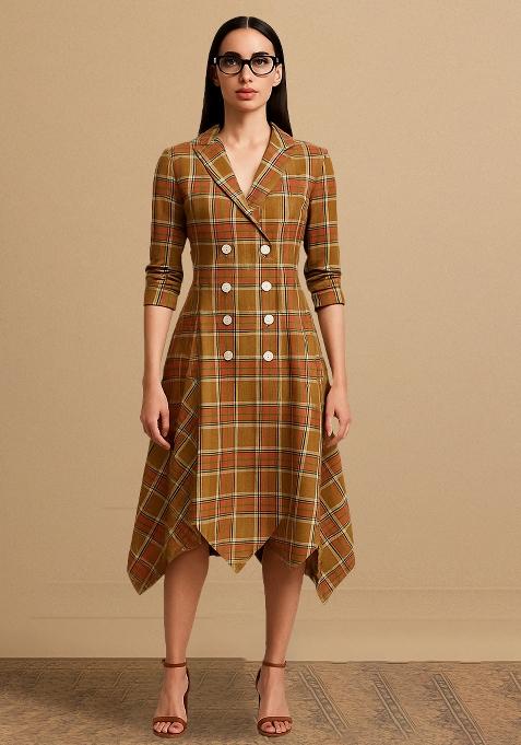 Light Brown Cotton Checked Dress