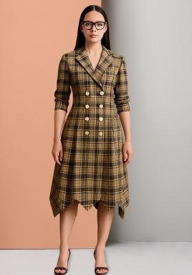 Beige Cotton Checked Dress
