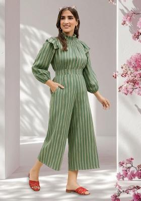 Green Poplin Striped Jumpsuit