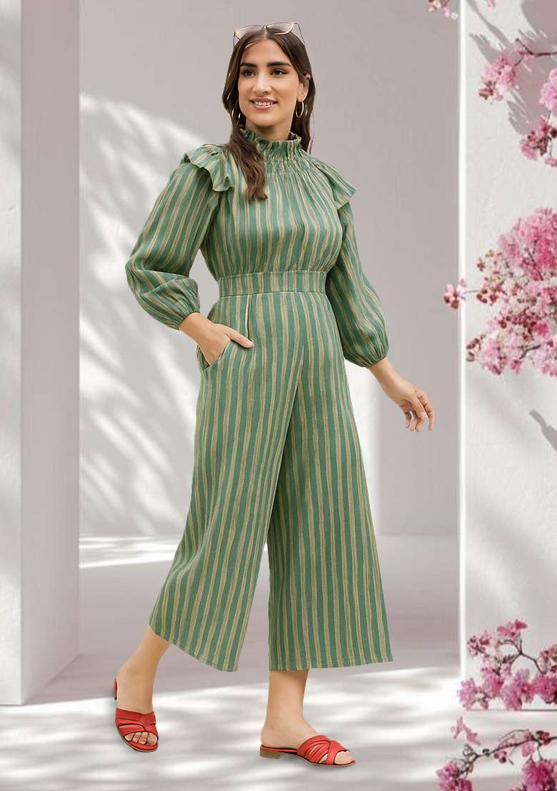 Green Poplin Striped Jumpsuit - Indya