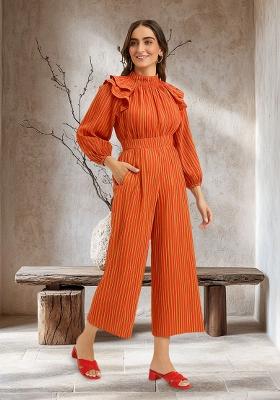 Orange Poplin Striped Jumpsuit