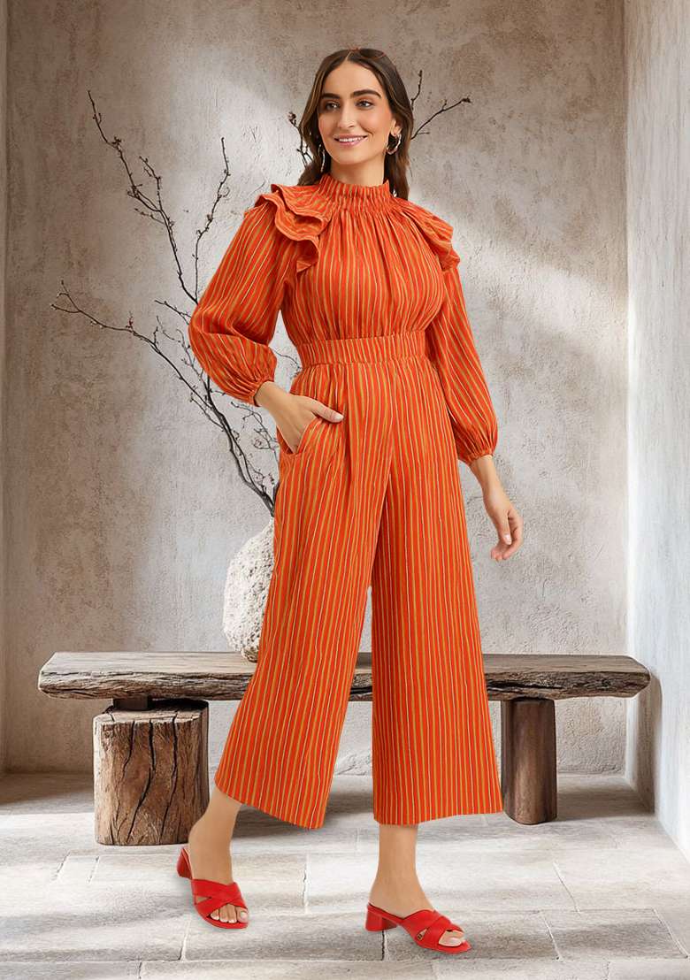 Orange Poplin Striped Jumpsuit - Indya