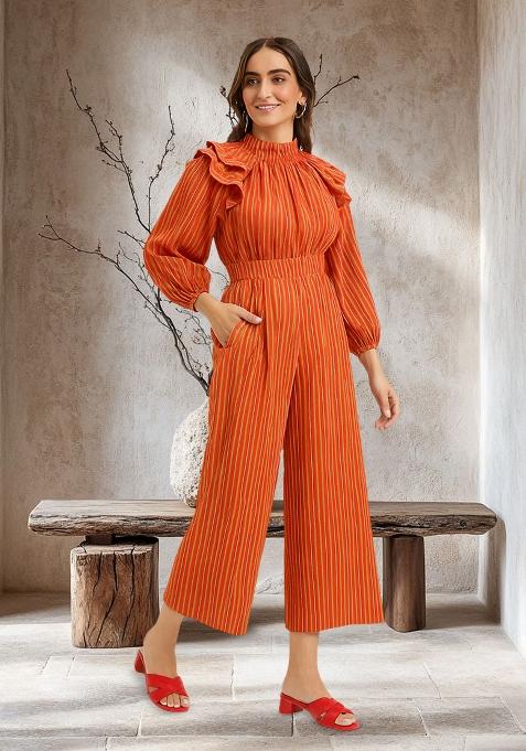 Orange Poplin Striped Jumpsuit