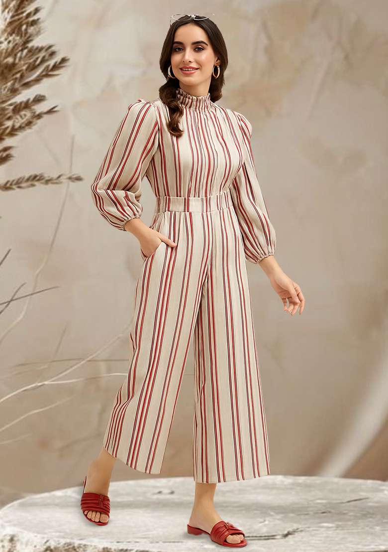 White Poplin Striped Jumpsuit - Indya