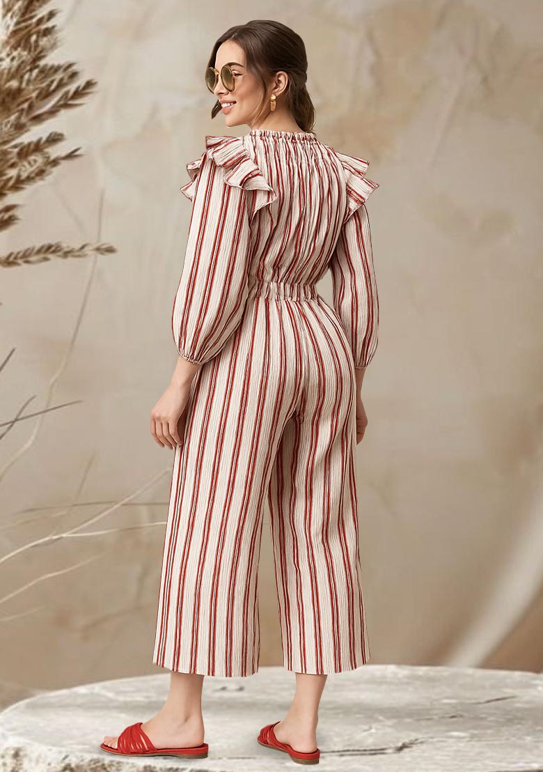 White Poplin Striped Jumpsuit - Indya