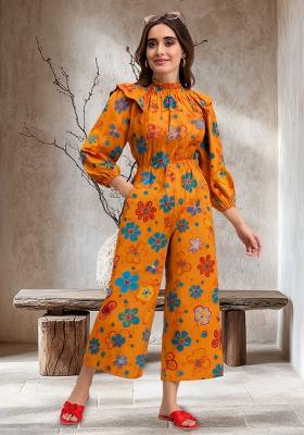 Yellow Poplin Floral Printed Jumpsuit