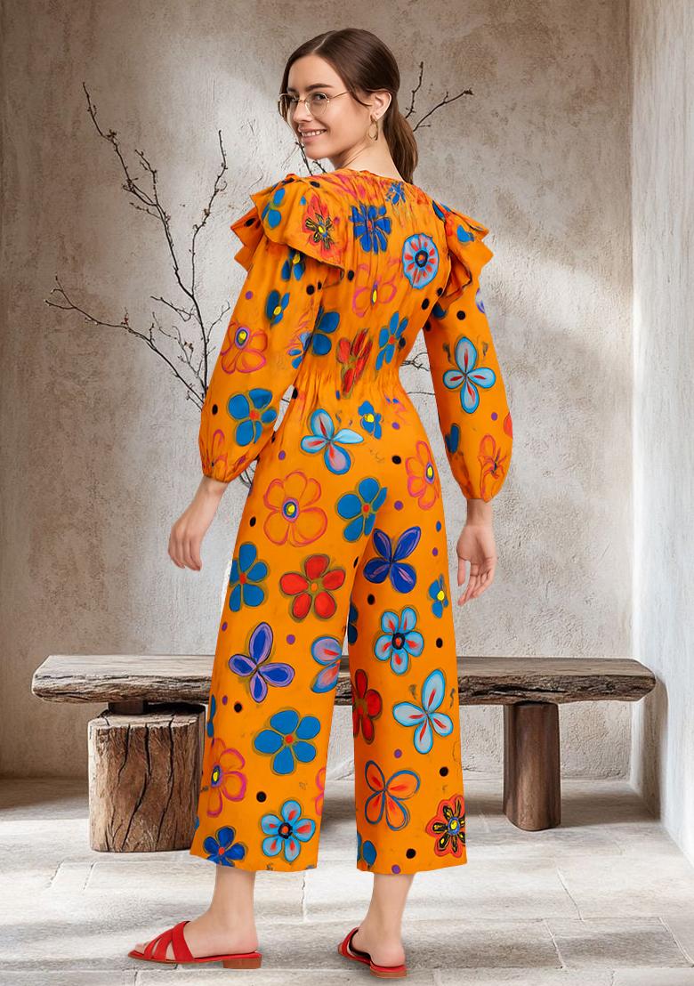 Yellow Poplin Floral Printed Jumpsuit - Indya