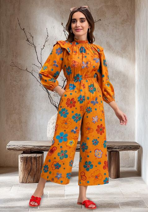 Yellow Poplin Floral Printed Jumpsuit