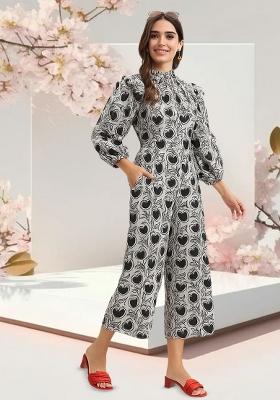 Black And White Poplin Floral Printed Jumpsuit