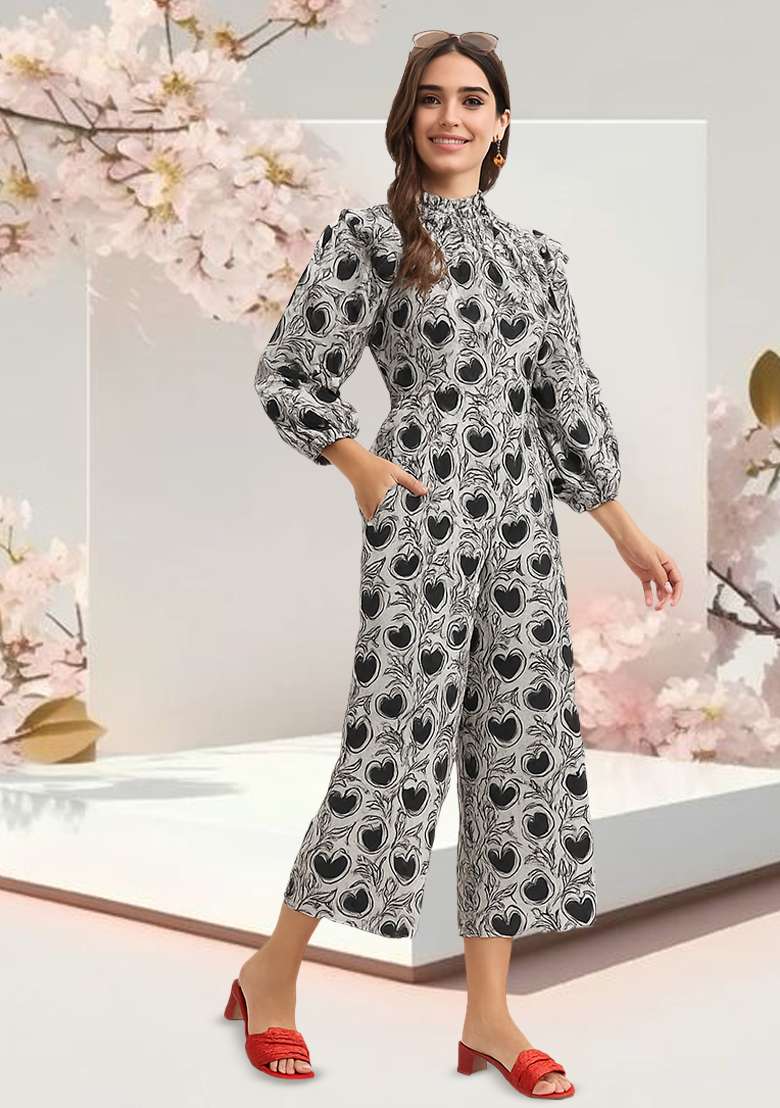 Black And White Poplin Floral Printed Jumpsuit - Indya