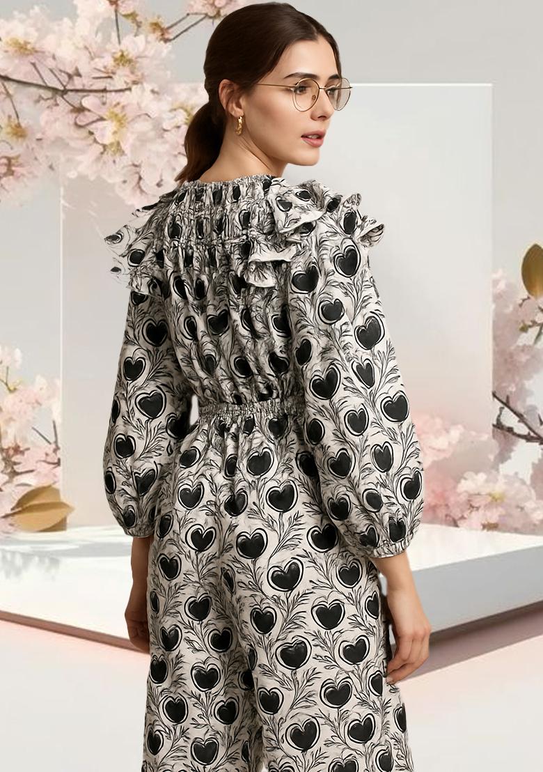 Black And White Poplin Floral Printed Jumpsuit - Indya