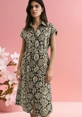 Beige Poplin Abstract Printed Dress