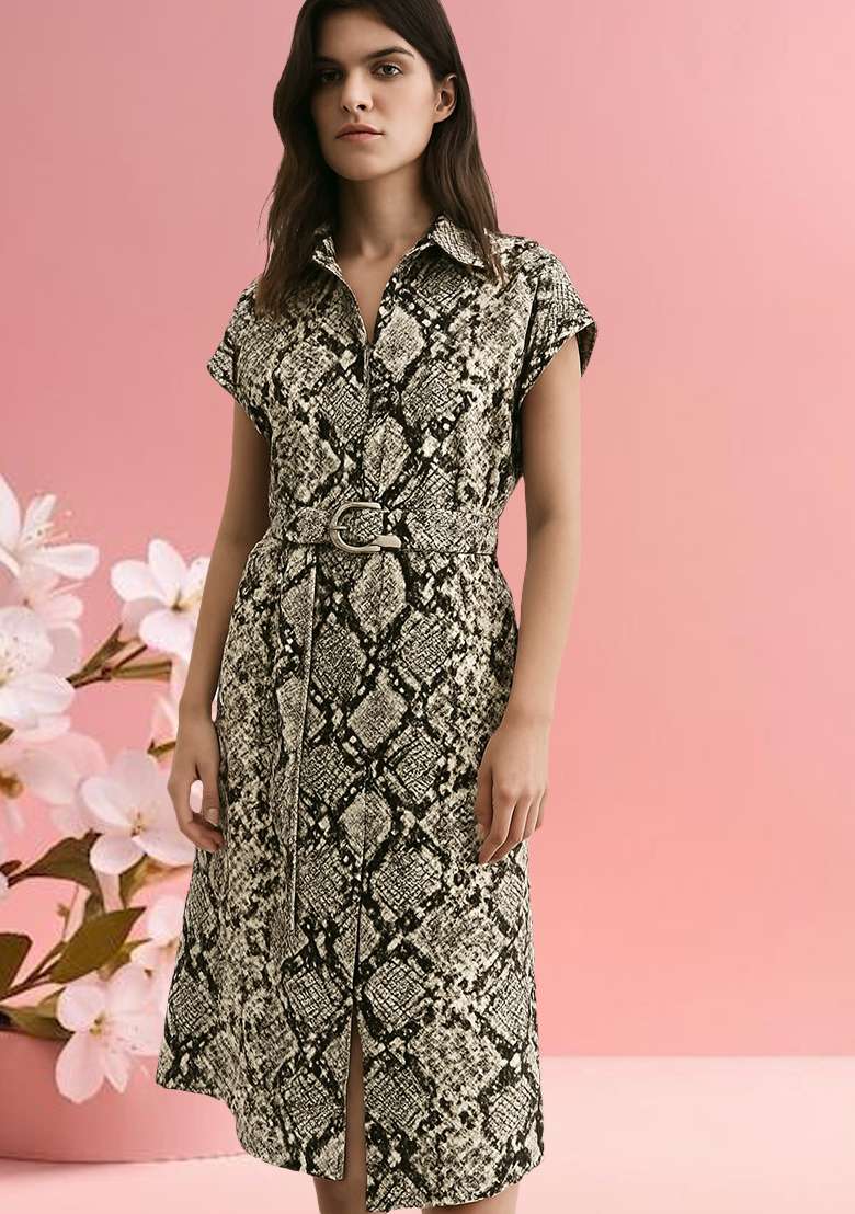 Beige Poplin Abstract Printed Dress - Indya