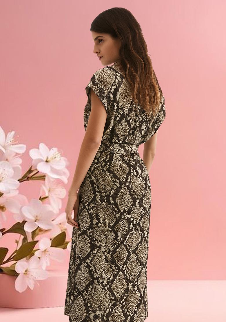 Beige Poplin Abstract Printed Dress - Indya