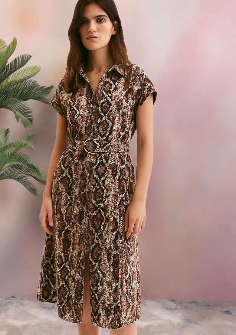 Brown Poplin Abstract Printed Dress - Indya