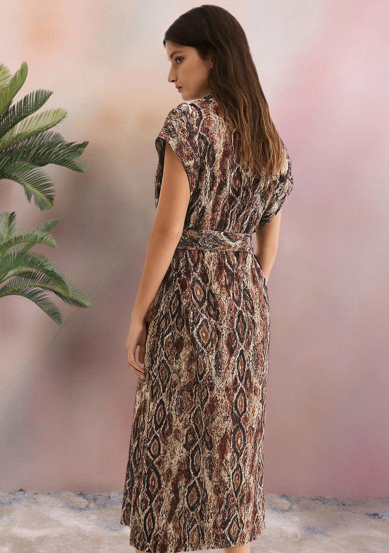 Brown Poplin Abstract Printed Dress - Indya