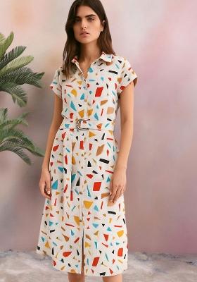 White Poplin Abstract Printed Dress