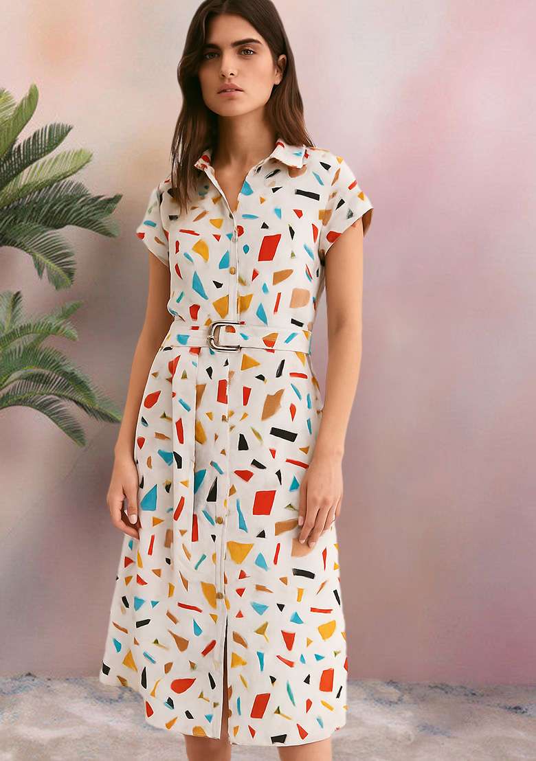 White Poplin Abstract Printed Dress - Indya