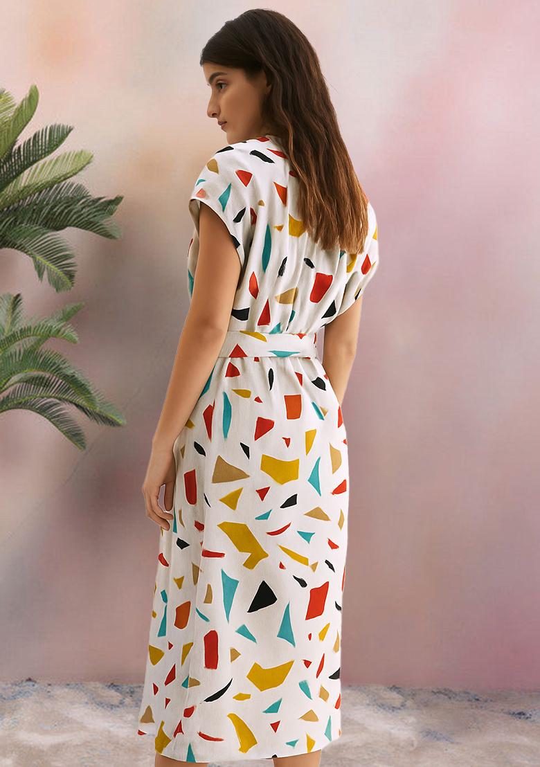 White Poplin Abstract Printed Dress - Indya