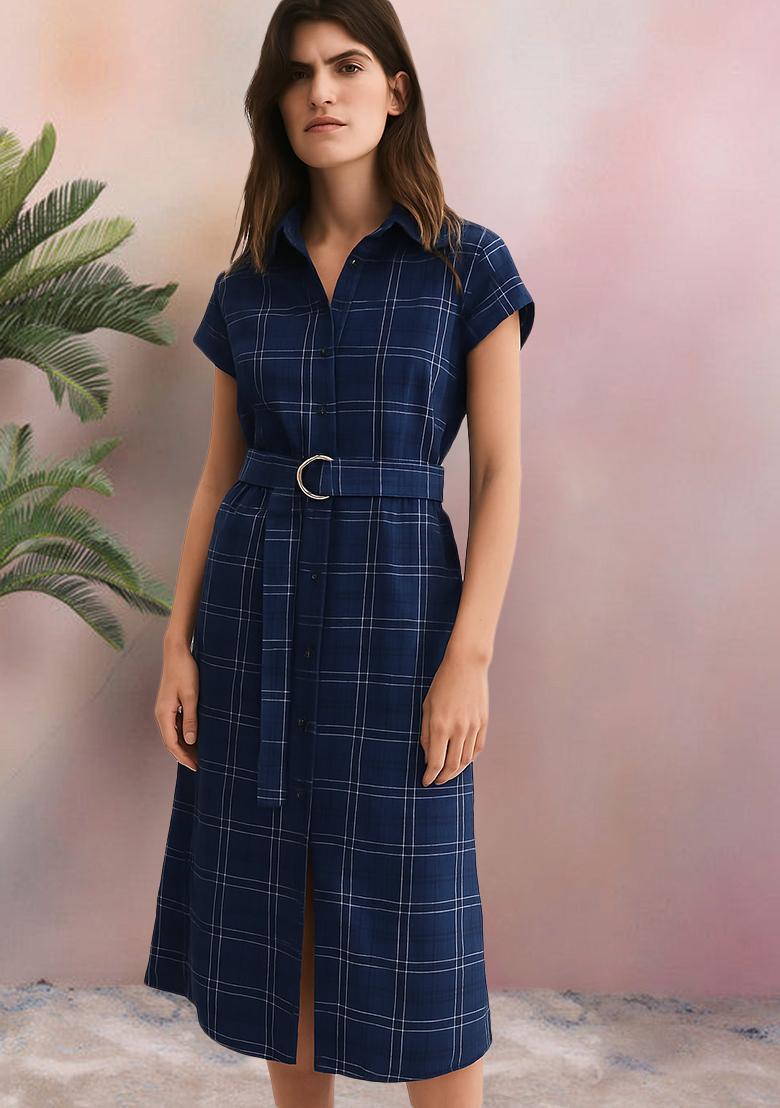 Blue Cotton Checked Dress