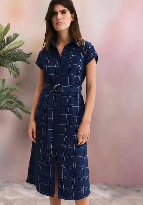 Blue Cotton Checked Dress