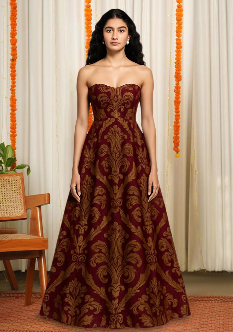 Wine Brocade Dress