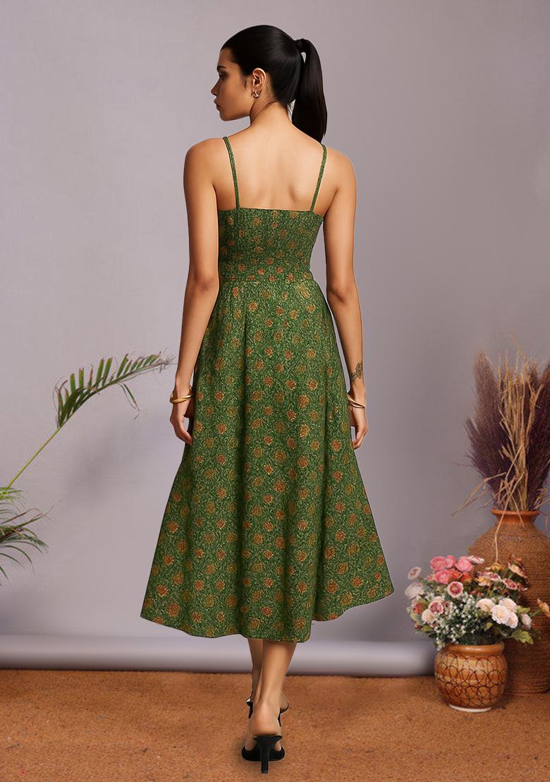 Green Brocade Dress - Indya