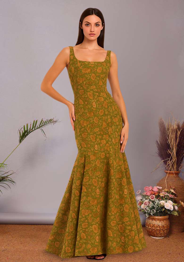 Green Brocade Dress - Indya