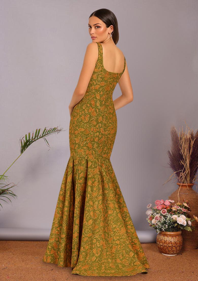 Green Brocade Dress - Indya