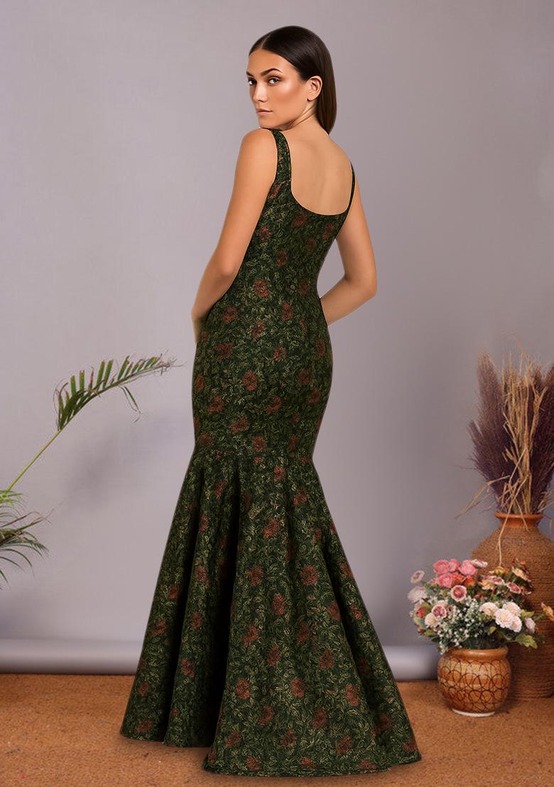 Green Brocade Dress - Indya