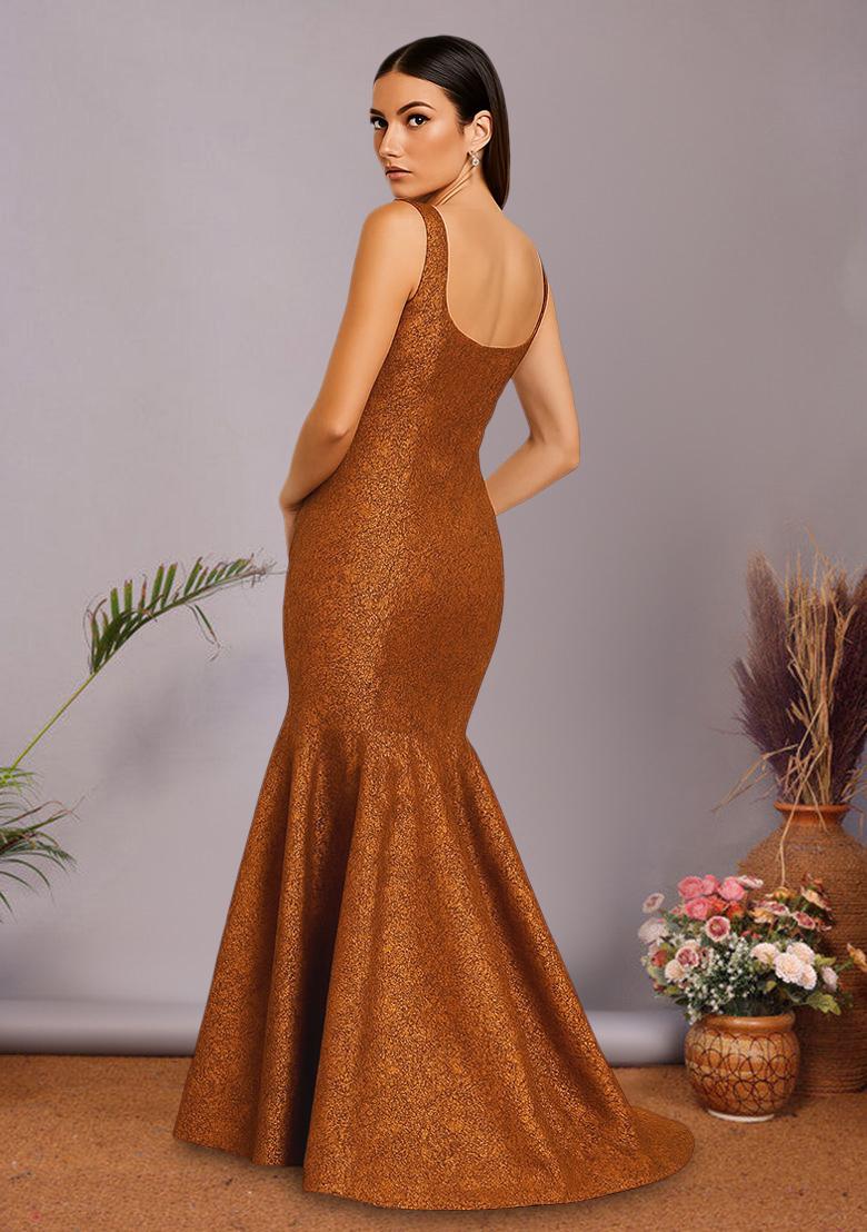 Orange Brocade Dress - Indya