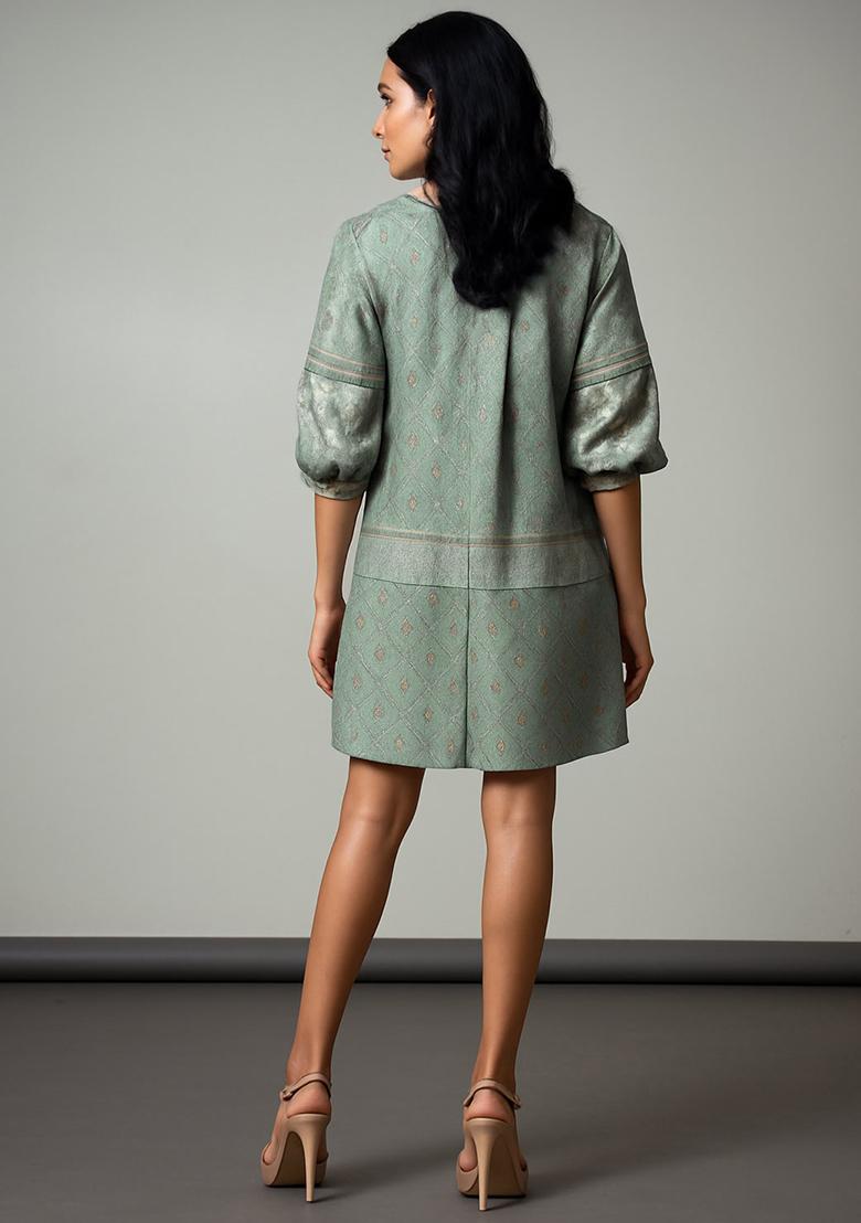 Blue Brocade Dress - Indya