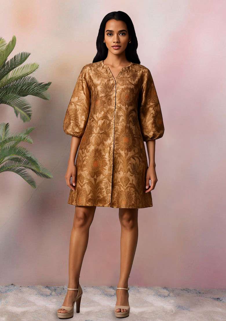 Metalic Gold Brocade Dress - Indya
